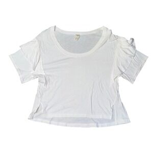 We The Free Free People White Ruffle Sleeve Cropped Tee Shirt Cotton Scoop Neck